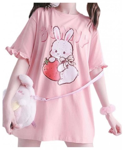 WomenJapanese Cute Lolita Pink T-Shirt Summer Kawaii Strawberry Rabbit Print Ruffle T-Shirt Large Pink $9.19 T-Shirts