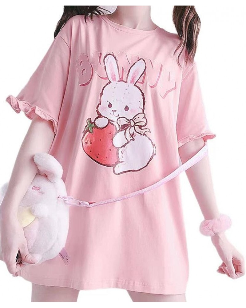 WomenJapanese Cute Lolita Pink T-Shirt Summer Kawaii Strawberry Rabbit Print Ruffle T-Shirt Large Pink $9.19 T-Shirts