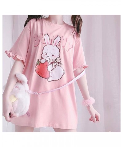 WomenJapanese Cute Lolita Pink T-Shirt Summer Kawaii Strawberry Rabbit Print Ruffle T-Shirt Large Pink $9.19 T-Shirts