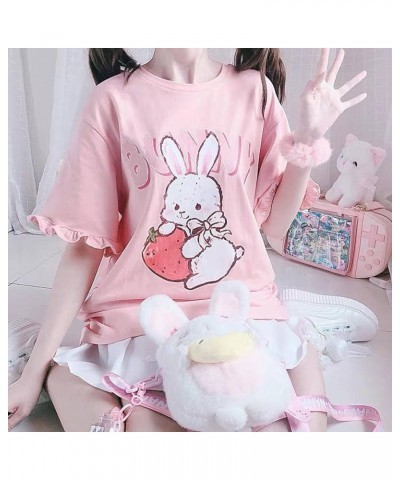 WomenJapanese Cute Lolita Pink T-Shirt Summer Kawaii Strawberry Rabbit Print Ruffle T-Shirt Large Pink $9.19 T-Shirts