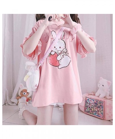 WomenJapanese Cute Lolita Pink T-Shirt Summer Kawaii Strawberry Rabbit Print Ruffle T-Shirt Large Pink $9.19 T-Shirts