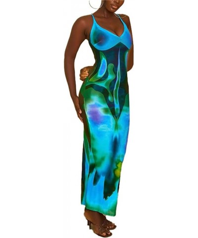 Women Sexy Spaghetti Strap Maxi Dresses Bodycon Geometric Printed Formal Dress Blue $22.72 Dresses