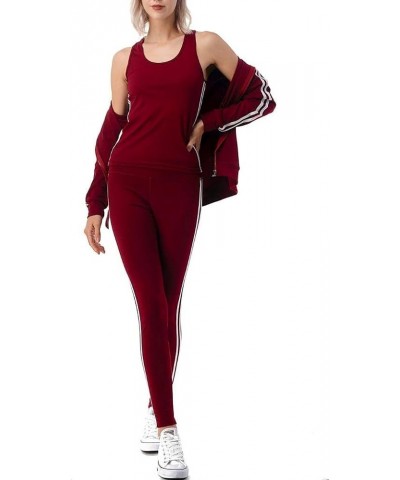 Women's 3 Piece Workout Set Tracksuit For Women- Full Zip Active Hoodie Jacket-Raceback Tank & Leggings Track-burgundy $14.23...