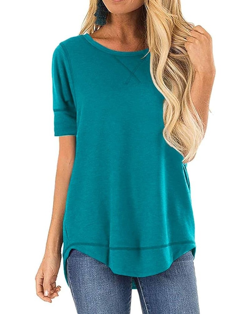 Summer Tops for Women Short Sleeve Side Split Casual Loose Tunic Top A-09 Lake Blue $11.87 Vests