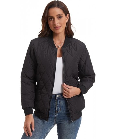 Women's Quilted Jacket Zip up Long Sleeve Coats Casual Bomber Jacket with Pockets Black $25.51 Jackets