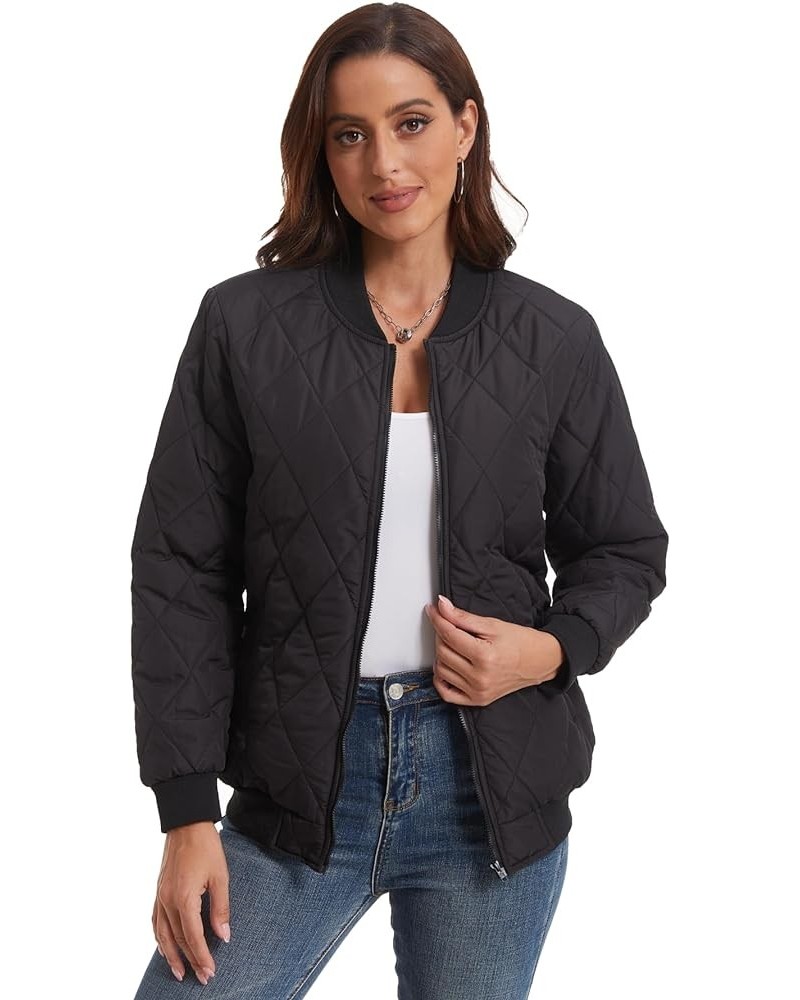 Women's Quilted Jacket Zip up Long Sleeve Coats Casual Bomber Jacket with Pockets Black $25.51 Jackets