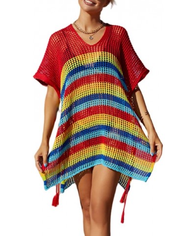 Wonens Beach Club Perspective Casual Cover Bikini Cover-up Net Knit Coverups Large Hole Mesh Rainbow Stripes Red 24 $11.76 Sw...