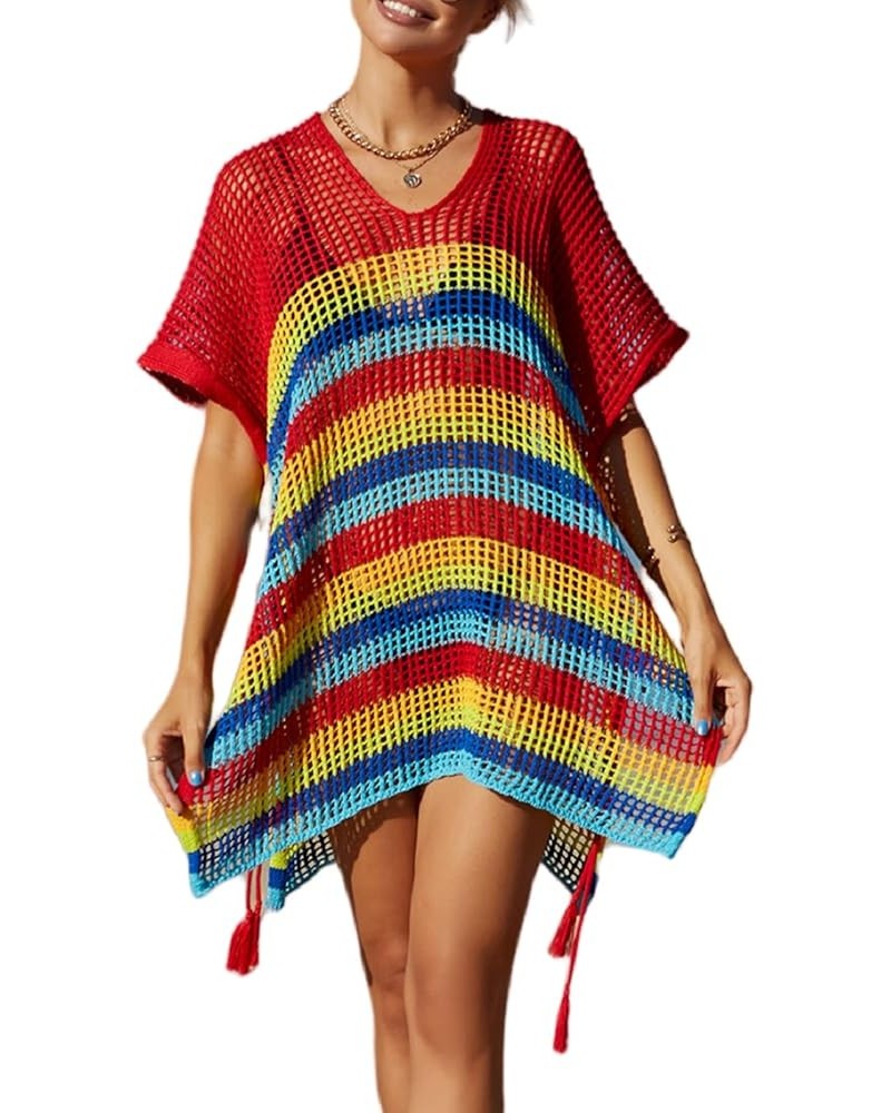 Wonens Beach Club Perspective Casual Cover Bikini Cover-up Net Knit Coverups Large Hole Mesh Rainbow Stripes Red 24 $11.76 Sw...