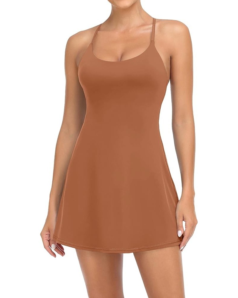 Women Workout Tennis Dress with Built-in Bra Shorts, Cross Shoulder Straps and Pockets Brown $19.13 Dresses