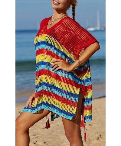 Wonens Beach Club Perspective Casual Cover Bikini Cover-up Net Knit Coverups Large Hole Mesh Rainbow Stripes Red 24 $11.76 Sw...