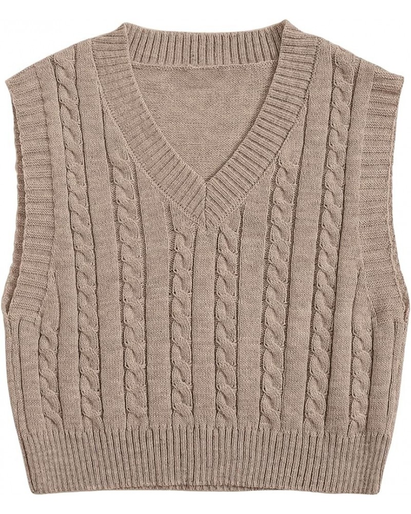 Women's Solid Cable Knitted Sweater Vest Casual V Neck Crop Pullover Sweaters Apricot $9.53 Sweaters