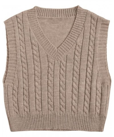 Women's Solid Cable Knitted Sweater Vest Casual V Neck Crop Pullover Sweaters Apricot $9.53 Sweaters