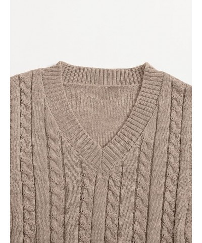 Women's Solid Cable Knitted Sweater Vest Casual V Neck Crop Pullover Sweaters Apricot $9.53 Sweaters