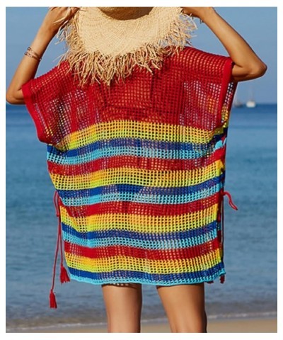 Wonens Beach Club Perspective Casual Cover Bikini Cover-up Net Knit Coverups Large Hole Mesh Rainbow Stripes Red 24 $11.76 Sw...