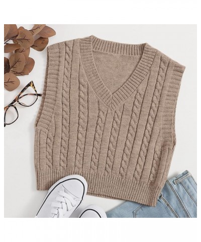 Women's Solid Cable Knitted Sweater Vest Casual V Neck Crop Pullover Sweaters Apricot $9.53 Sweaters