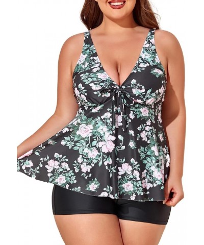 Plus Size Two-Piece Tankini Swimsuits for Women Tummy Control Flowy Bathing Suits with Shorts Black English Rose $18.48 Swims...