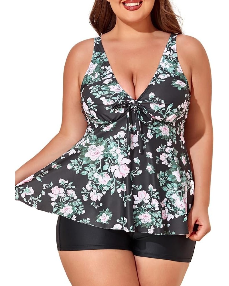 Plus Size Two-Piece Tankini Swimsuits for Women Tummy Control Flowy Bathing Suits with Shorts Black English Rose $18.48 Swims...