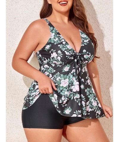 Plus Size Two-Piece Tankini Swimsuits for Women Tummy Control Flowy Bathing Suits with Shorts Black English Rose $18.48 Swims...