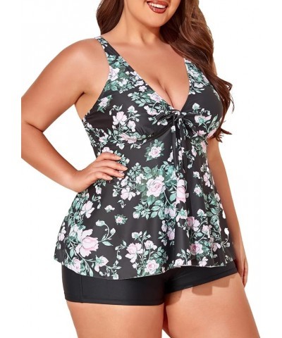 Plus Size Two-Piece Tankini Swimsuits for Women Tummy Control Flowy Bathing Suits with Shorts Black English Rose $18.48 Swims...