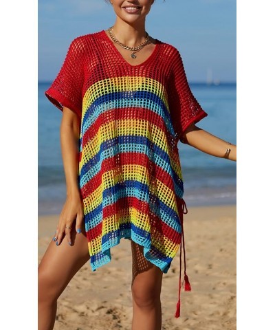 Wonens Beach Club Perspective Casual Cover Bikini Cover-up Net Knit Coverups Large Hole Mesh Rainbow Stripes Red 24 $11.76 Sw...