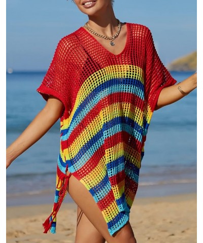 Wonens Beach Club Perspective Casual Cover Bikini Cover-up Net Knit Coverups Large Hole Mesh Rainbow Stripes Red 24 $11.76 Sw...