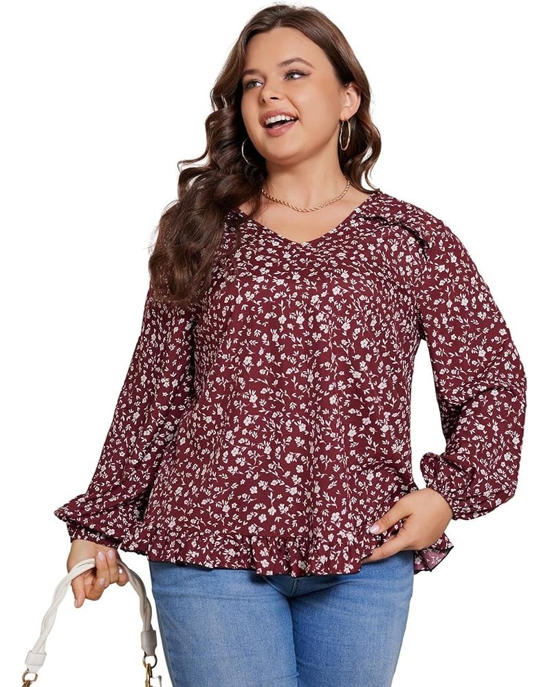 Women's Plus Size Allover Print V Neck Bishop Long Sleeve Ruffle Hem Blouse Tops Burgundy Ditsy Floral $15.12 Blouses