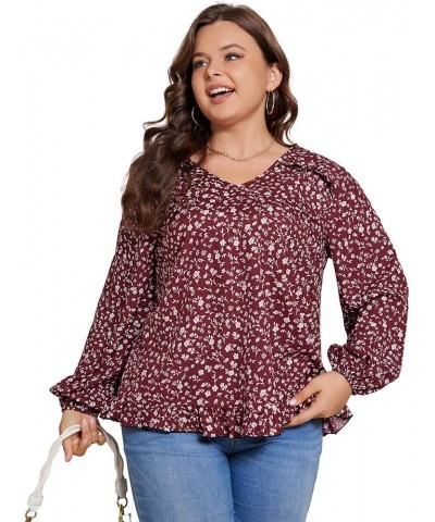 Women's Plus Size Allover Print V Neck Bishop Long Sleeve Ruffle Hem Blouse Tops Burgundy Ditsy Floral $15.12 Blouses