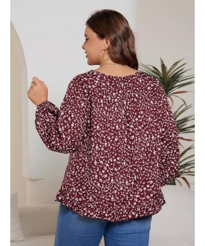 Women's Plus Size Allover Print V Neck Bishop Long Sleeve Ruffle Hem Blouse Tops Burgundy Ditsy Floral $15.12 Blouses