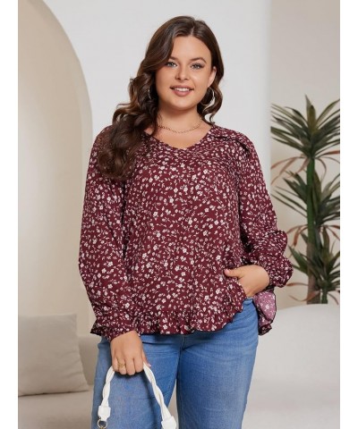 Women's Plus Size Allover Print V Neck Bishop Long Sleeve Ruffle Hem Blouse Tops Burgundy Ditsy Floral $15.12 Blouses