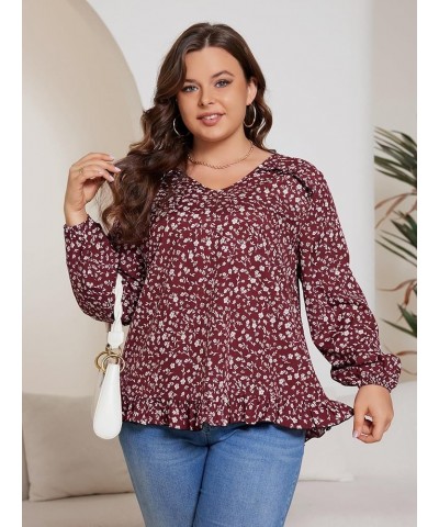 Women's Plus Size Allover Print V Neck Bishop Long Sleeve Ruffle Hem Blouse Tops Burgundy Ditsy Floral $15.12 Blouses