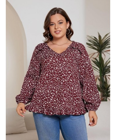 Women's Plus Size Allover Print V Neck Bishop Long Sleeve Ruffle Hem Blouse Tops Burgundy Ditsy Floral $15.12 Blouses