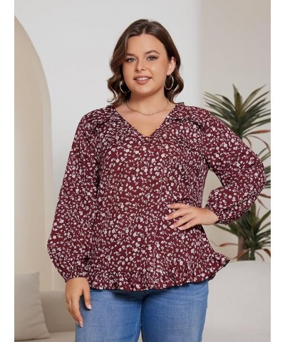 Women's Plus Size Allover Print V Neck Bishop Long Sleeve Ruffle Hem Blouse Tops Burgundy Ditsy Floral $15.12 Blouses