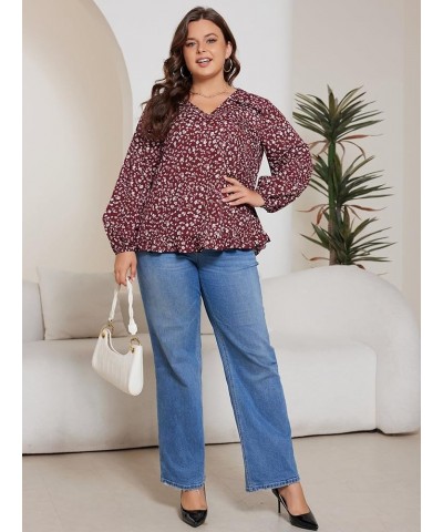 Women's Plus Size Allover Print V Neck Bishop Long Sleeve Ruffle Hem Blouse Tops Burgundy Ditsy Floral $15.12 Blouses