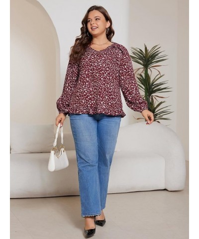 Women's Plus Size Allover Print V Neck Bishop Long Sleeve Ruffle Hem Blouse Tops Burgundy Ditsy Floral $15.12 Blouses