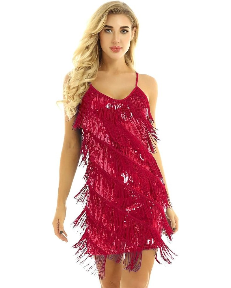 Women's Adjustable Strap Gradient Sequin Fringe 1920s Flapper Inspired Dance Party Dress Red $13.92 Dresses