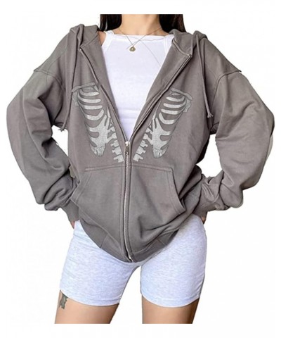 Women Grunge Skeleton Graphic Hooded Sweatshirt Halloween Full Zip Up Hoodie Jacket Coat With Pockets Skeleton Grey $14.03 Ho...