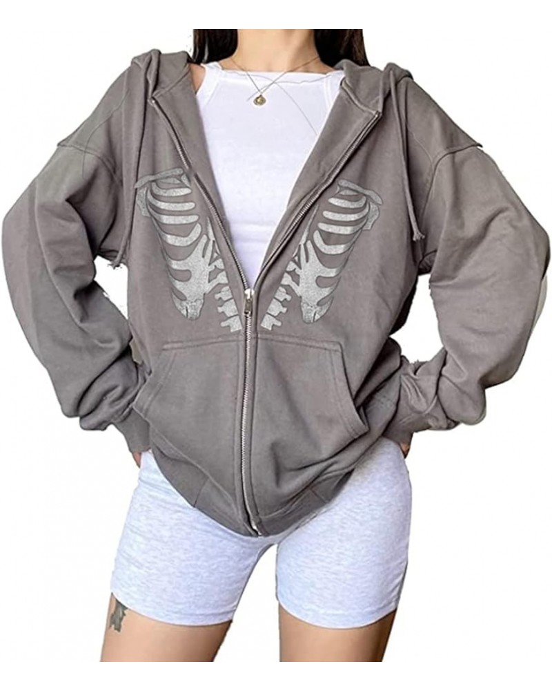 Women Grunge Skeleton Graphic Hooded Sweatshirt Halloween Full Zip Up Hoodie Jacket Coat With Pockets Skeleton Grey $14.03 Ho...