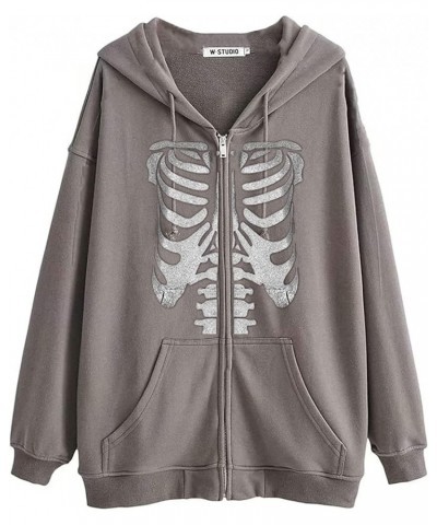 Women Grunge Skeleton Graphic Hooded Sweatshirt Halloween Full Zip Up Hoodie Jacket Coat With Pockets Skeleton Grey $14.03 Ho...