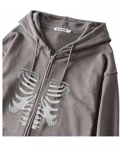 Women Grunge Skeleton Graphic Hooded Sweatshirt Halloween Full Zip Up Hoodie Jacket Coat With Pockets Skeleton Grey $14.03 Ho...