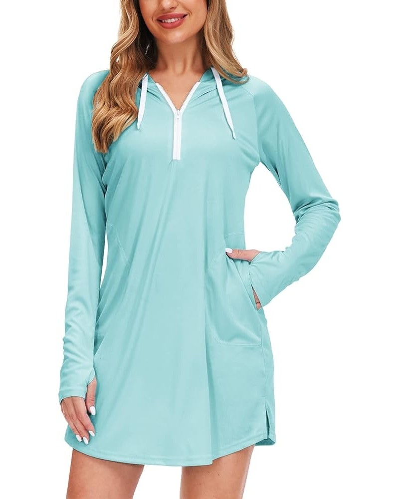 Women Sun Protection Swim Cover Up Long Sleeve Beach Hooded UV Dress with Pockets Thumbholes Aqua Blue $12.75 Swimsuits