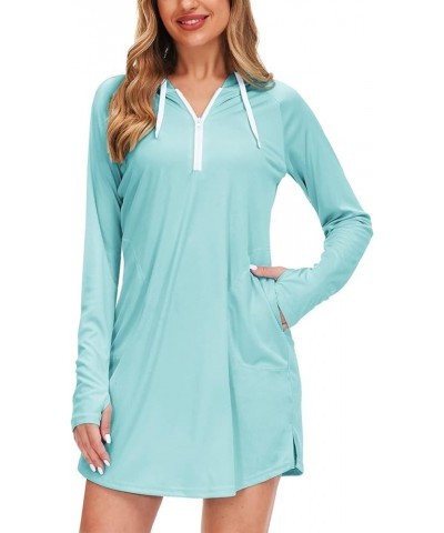 Women Sun Protection Swim Cover Up Long Sleeve Beach Hooded UV Dress with Pockets Thumbholes Aqua Blue $12.75 Swimsuits