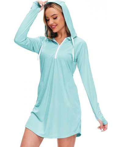 Women Sun Protection Swim Cover Up Long Sleeve Beach Hooded UV Dress with Pockets Thumbholes Aqua Blue $12.75 Swimsuits