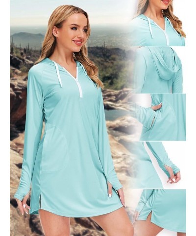 Women Sun Protection Swim Cover Up Long Sleeve Beach Hooded UV Dress with Pockets Thumbholes Aqua Blue $12.75 Swimsuits