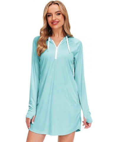 Women Sun Protection Swim Cover Up Long Sleeve Beach Hooded UV Dress with Pockets Thumbholes Aqua Blue $12.75 Swimsuits