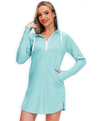 Women Sun Protection Swim Cover Up Long Sleeve Beach Hooded UV Dress with Pockets Thumbholes Aqua Blue $12.75 Swimsuits