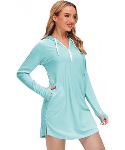 Women Sun Protection Swim Cover Up Long Sleeve Beach Hooded UV Dress with Pockets Thumbholes Aqua Blue $12.75 Swimsuits