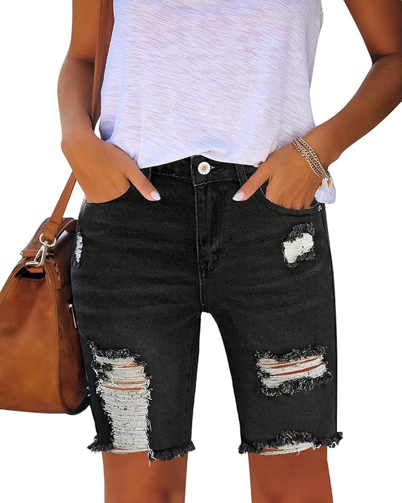 Women Summer Frayed Ripped Bermuda Shorts Distressed Denim Jeans Short Black $20.79 Shorts