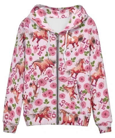 Women's Long Sleeve Hoodies with Pocket, Zip Up Hoodie Drawstring Pullover Sweatshirts Hoodies Size XS-5XL Floral Horse $23.3...