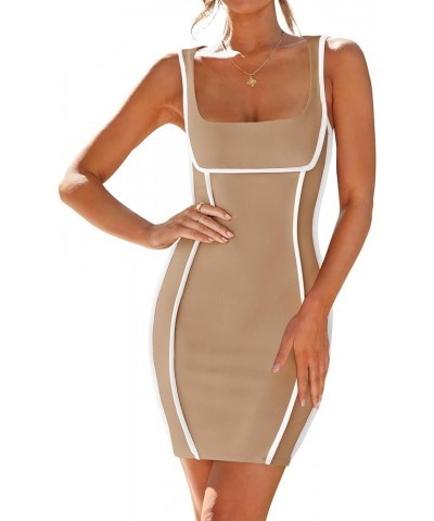 Women's 2024 Summer Square Neck Bodycon Dresses Sexy Sleeveless Color Block Party Club Tank Mini Dress Khaki $18.89 Dresses