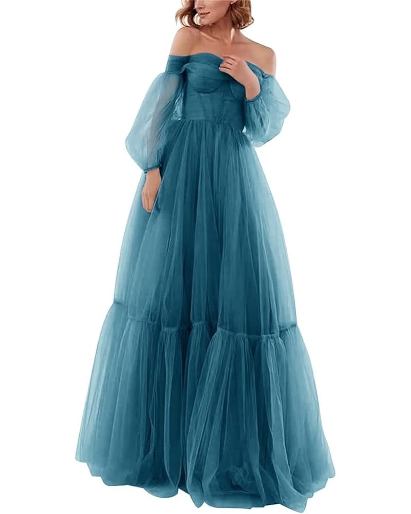 Off Shoulder Tulle Prom Dresses Puffy Sleeve Long Sweetheart A-Line Formal Evening Party Gowns Peacock $38.22 Dresses